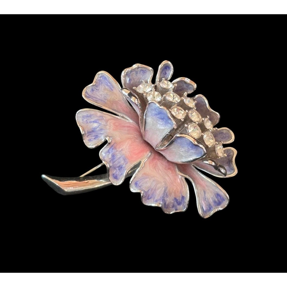 Nolan Miller Silver Tone Purple & Pink Enamel and Clear Rhinestone Flower Brooch